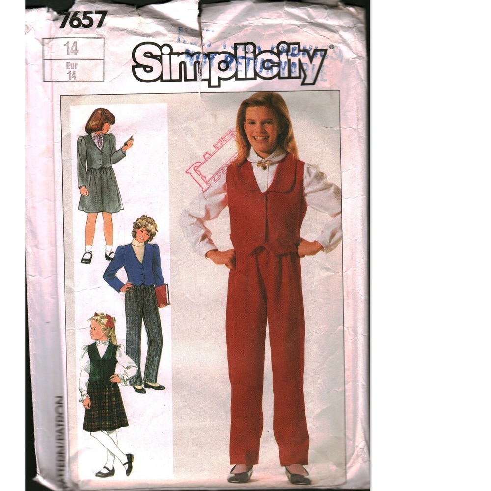 Vintage Simplicity 7657 Girls Pants Skirt Jacket Vest Sewing Pattern Size 14